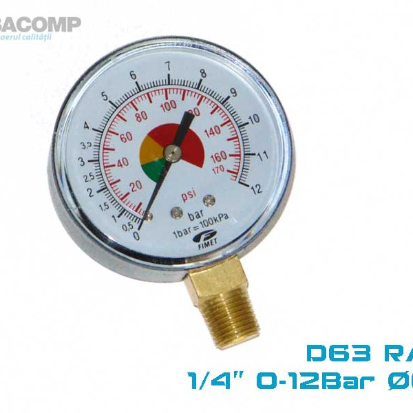 MANOMETRU PRESIUNE AER FILET RADIAL 1/4 0-12 BAR 63 RAD GAV